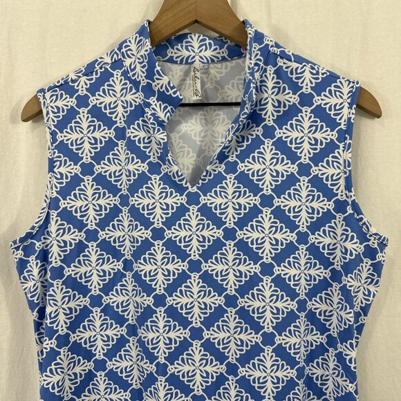 Lulu B Peri  & White Geo Print Sleeveless Swing Dress Women’s Size L Coastal - Picture 4 of 10